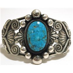 Old Pawn Navajo Spider Web Kingman Turquoise Sterling Silver Cuff Bracelet - JM