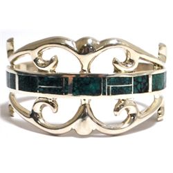 Old Pawn Spider Web Kingman Turquoise Inlay Sterling Silver Cuff Bracelet