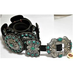 Old Pawn Green Turquoise Sterling Silver Concho Belt - Kirk Smith