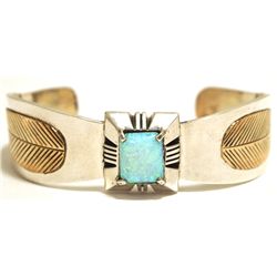 Dead Pawn Navajo Turquoise & 12k Gold Fill Sterling Silver Feather Cuff Bracelet - CB