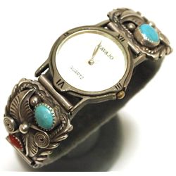 Old Pawn Navajo Coral & Turquoise Sterling Silver Women's Watch - A