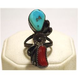 Old Pawn Navajo Coral & Turquoise Sterling Silver Women's Ring