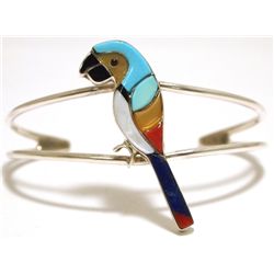 Zuni Multi-Stone Inlay Macaw Sterling Silver Cuff Bracelet - Ernie Ohmsatte