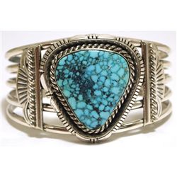 Navajo Spider Web Kingman Turquoise Sterling Silver Cuff Bracelet - Eugene Belone