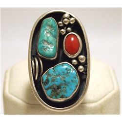 Old Pawn Navajo Coral & Turquoise Sterling Silver Large Women's Ring