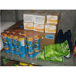 shelf lot of crackers chips beverages etc