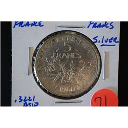 1960 France 5 Francs Foreign Coin; .3221 ASW; Silver; EST. $10-25