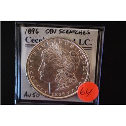 1896 Silver Morgan $1; AU50; Obv. Scratches; EST. $40-60