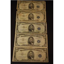 1953-A & 1953-B US Silver Certificate $5; Blue Seal; Lot of 5; EST. $40-50