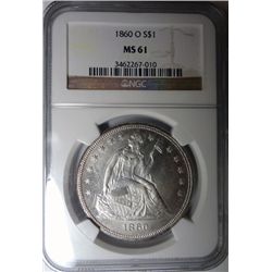 1860-O SEATED DOLLAR NGC MS61 SUPER NICE!