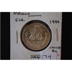 1944-M Mexico 50 Centavos Foreign Coin; Choice BU; EST. $10-20