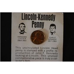 1973 Lincoln Penny With Kennedy Profile Imprinted On Front; With History Attached; EST. $2-5