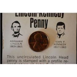 1973 Lincoln Penny With Kennedy Profile Imprinted On Front; With History Attached; EST. $2-5