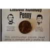 Image 1 : 1973 Lincoln Penny With Kennedy Profile Imprinted On Front; With History Attached; EST. $2-5
