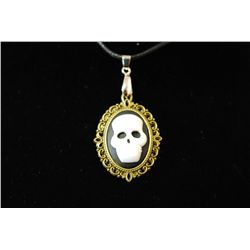 Black Leather Necklace With Skull In Cameo Charm; EST. $5-10