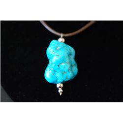 Brown Leather Necklace With Large Turquoise Charm; EST. $5-10