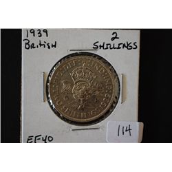 1939 British 2 Shillings Foreign Coin; EF40; EST. $5-15