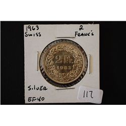 1963 Swiss 2 Francs Foreign Coin; Silver; EF40; EST. $5-15