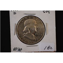 1958-D Ben Franklin Half Dollar; VF20; EST. $10-20