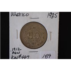 1925-M Mexico 50 Centavos Foreign Coin; .1912 ASW; EST. $10-20