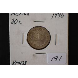 1940-M Mexico 20 Centavos Foreign Coin; .0772 Oz.; EST. $3-6