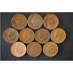 Indian Head One Cent; Various Dates & Conditions; Lot of 10; EST. $10-20