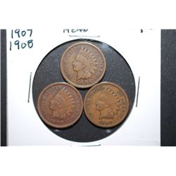 1906, 1907 & 1908 Indian Head One Cent; Lot of 3; EST. $3-8