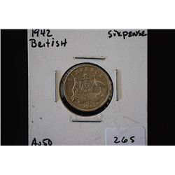 1942 British Six Pence Foreign Coin; AU50; EST. $3-6