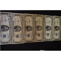 1953-A US Silver Certificate $5; Blue Seal; Lot of 6; EST. $40-60