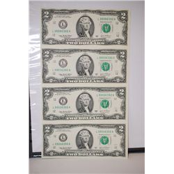 2003-A US Federal Reserve Note $2; San Francisco CA Reserve; Lot of 4 Uncut Bills; EST. $20-30