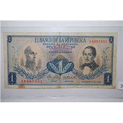 1968 Colombia Un Peso Oro Foreign Bank Note; EST. $3-6