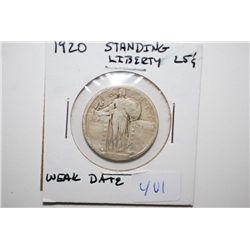 1920 Standing Liberty Quarter; Weak Date; EST. $5-10