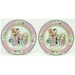 Pr OF 18th C CHINESE PINK MAIDEN SCENE PLATES