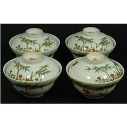 4 19th C CHINESE LONG LIFE RICE BOWLS & LIDS