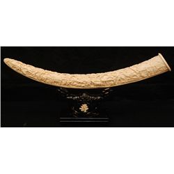 CHINESE RELIEF CARVED IVORY VILLAGE SCENE TUSK