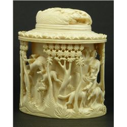 CHINESE RELIEF CARVED IVORY LIDDED BRUSH POT