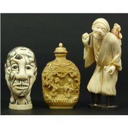 THREE ANTIQUE CARVED ASIAN IVORY PIECES