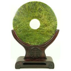 CHINESE CARVED SPINACH JADE PI DISC WITH STAND