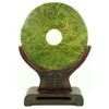 Image 1 : CHINESE CARVED SPINACH JADE PI DISC WITH STAND