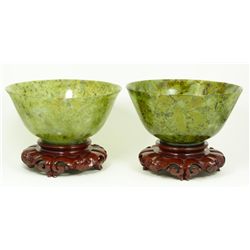 Pr THINLY CARVED MOTTLED SPINACH JADE BOWL