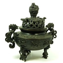 ANTIQUE CHINESE BRONZE FOOTED DRAGONS CENSOR