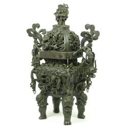 CHINESE QIANGLONG BRONZE FOOTED DRAGONS CENSOR