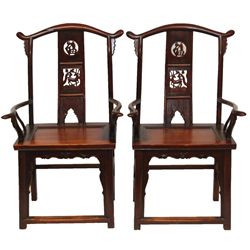 PAIR CHINESE QING CARVED HARDWOOD CHAIRS