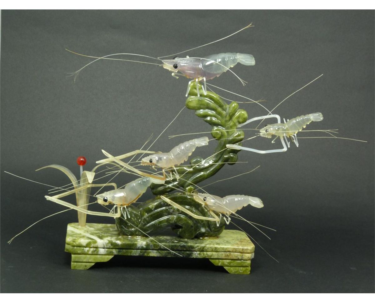 CHINESE CARVED JADE & AGATE SHRIMP GROUP FIGURE