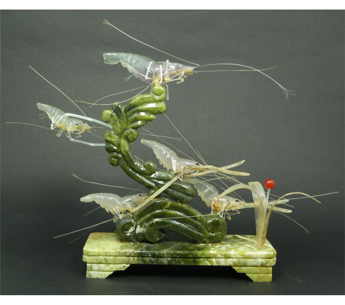 CHINESE CARVED JADE & AGATE SHRIMP GROUP FIGURE