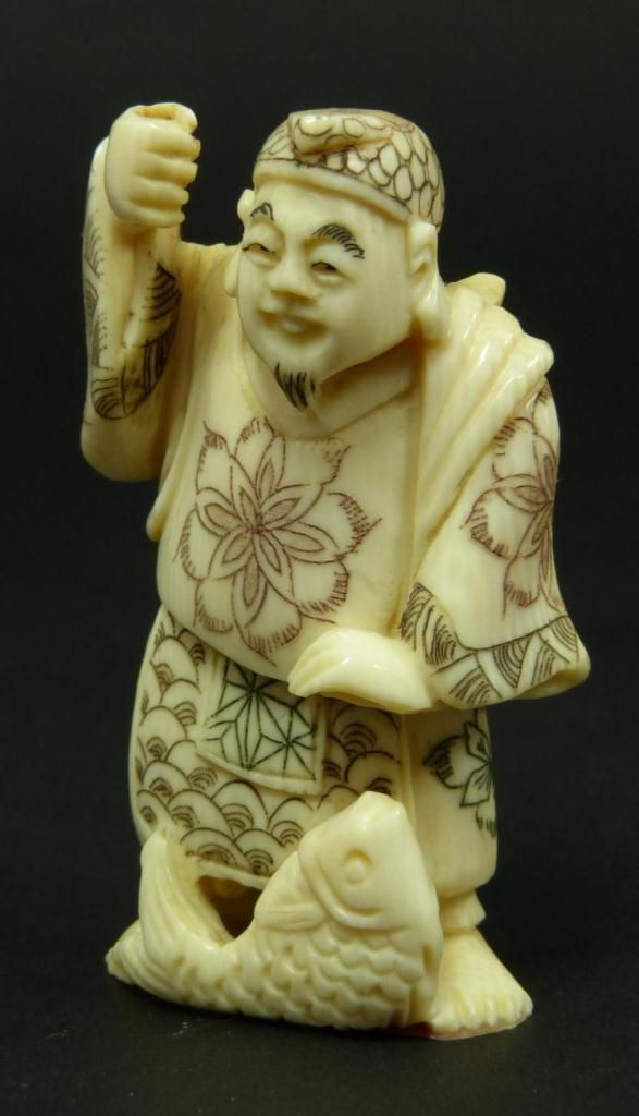 4 JAPANESE IVORY POLYCHROMED NETSUKE FIGURES
