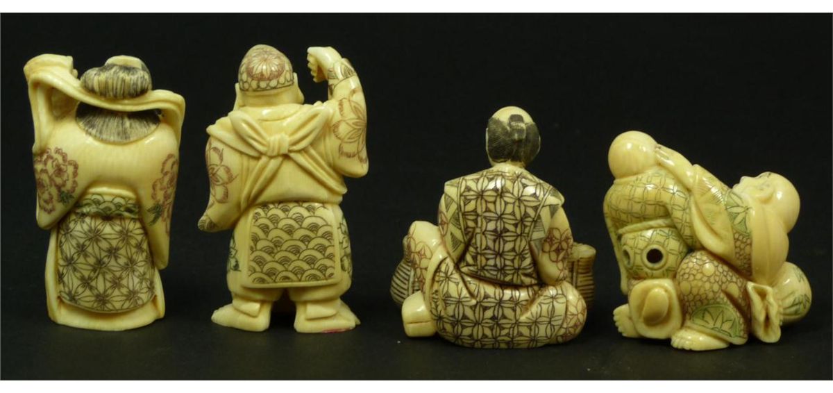 4 JAPANESE IVORY POLYCHROMED NETSUKE FIGURES