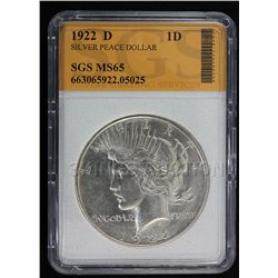 1922-D Silver Peace Dollar SGS MS65