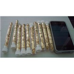 10 LARGE VIALS OF GOLD FLAKES, 4"