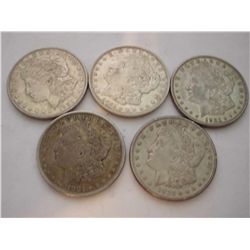 FIVE 1921 SILVER MORGAN DOLLARS